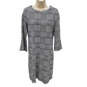 Jude Connally‎ Shift Dress Women’s S Black White Blue Houndstooth Bell Sleeve